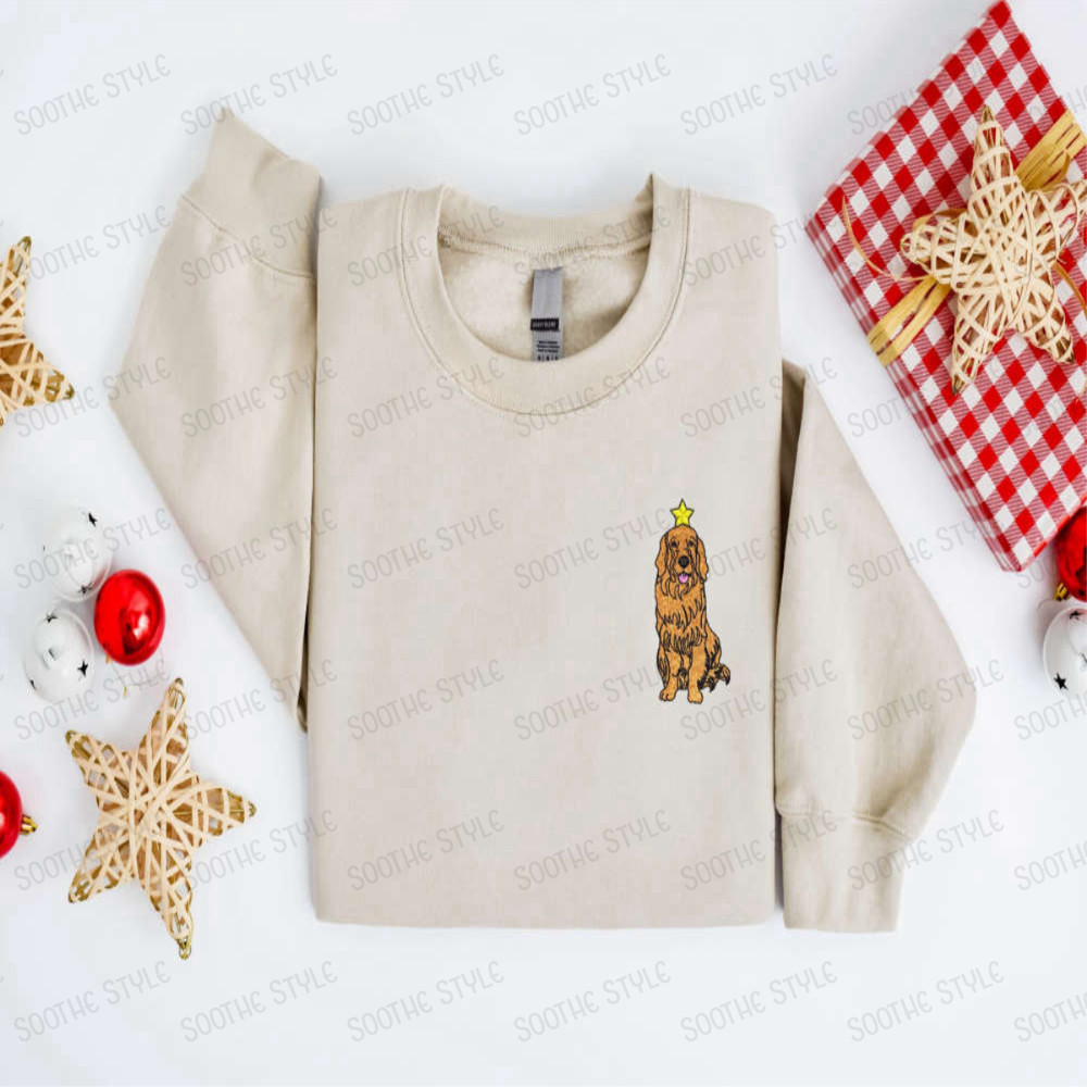 Embroidered Christmas Dog Sweatshirt, Golden Dog Christmas Sweater For Family.jpg