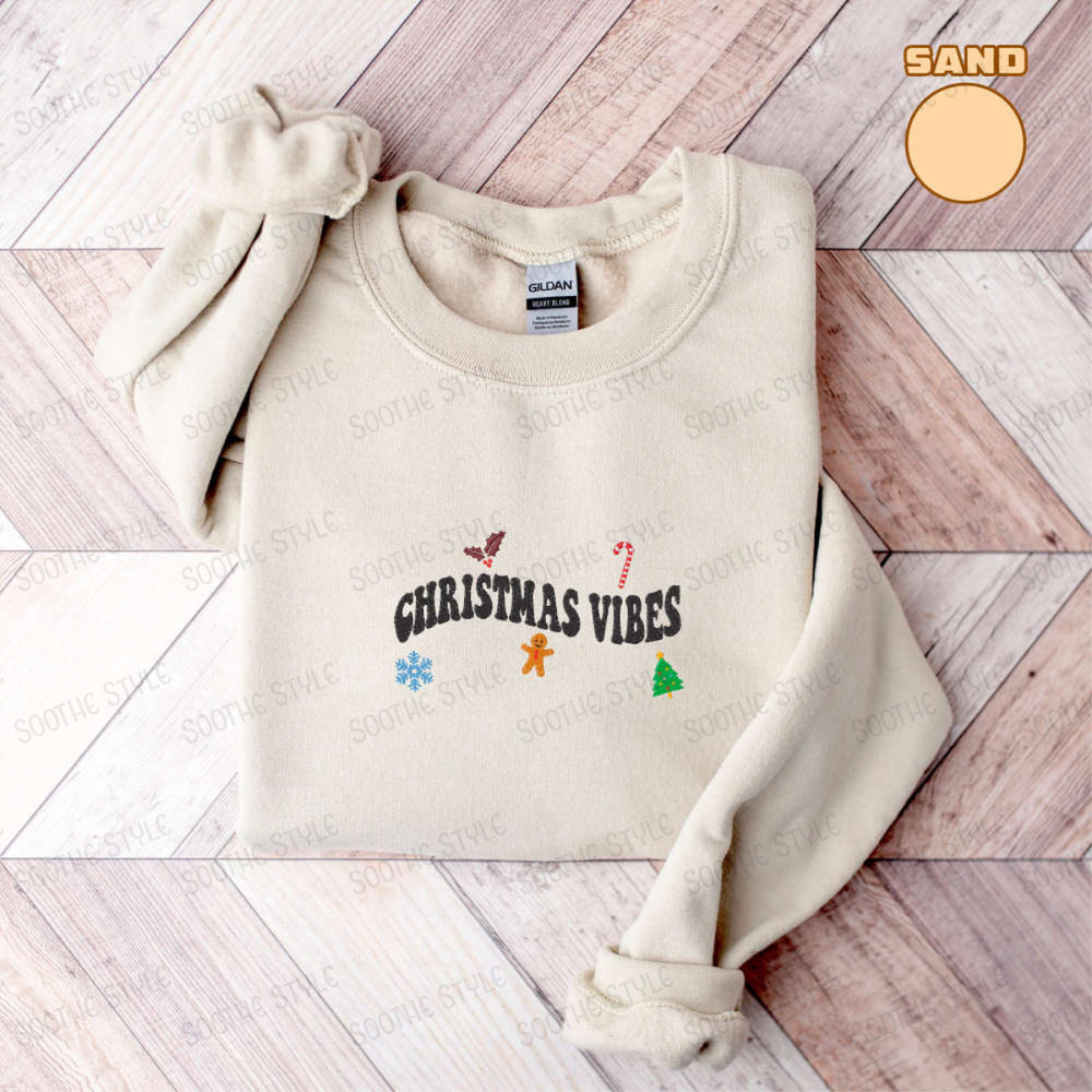 Embroidered Christmas Vibes Sweatshirt, Merry Christmas Sweatshirt For Family.jpg