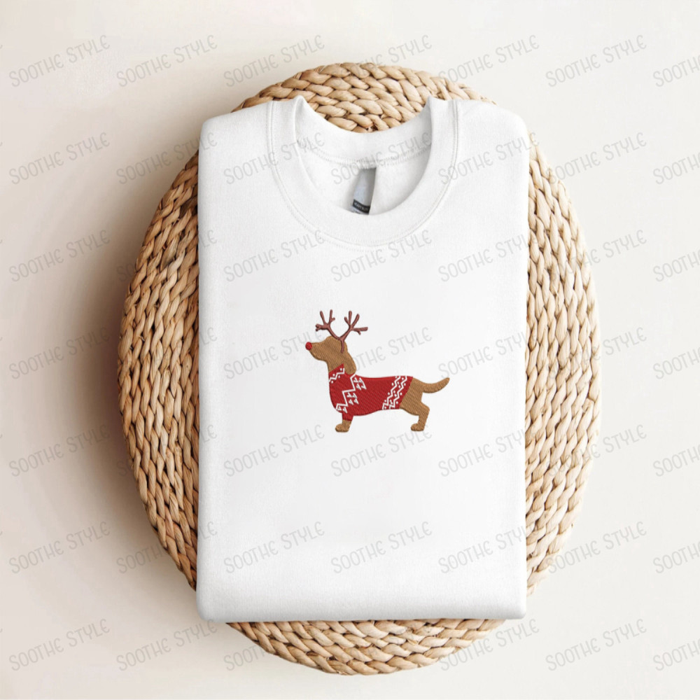 Embroidered Dachshund Reindeer Christmas Sweatshirt, Crewneck Sweatshirt For Family.jpg