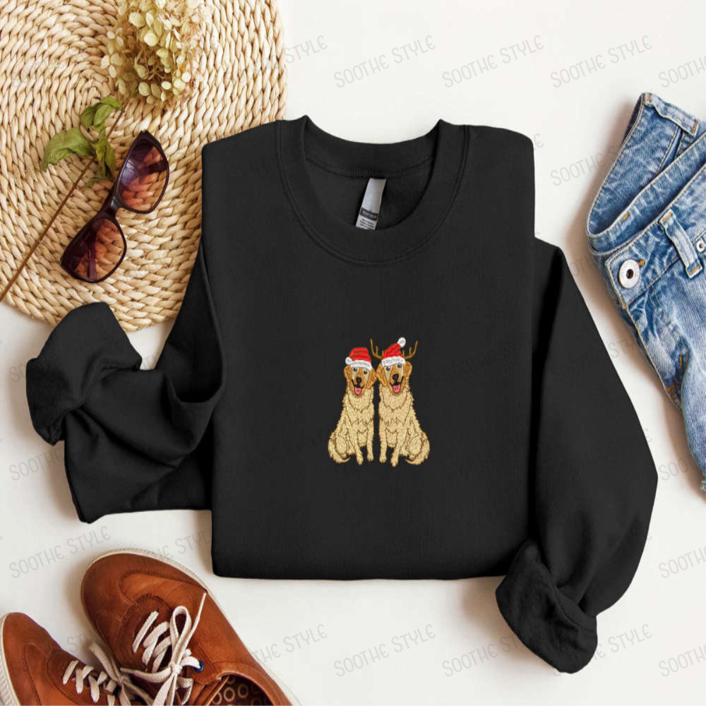 Embroidered Golden Retriever Christmas Sweatshirt, 2D Crewneck Sweater For Family.jpg