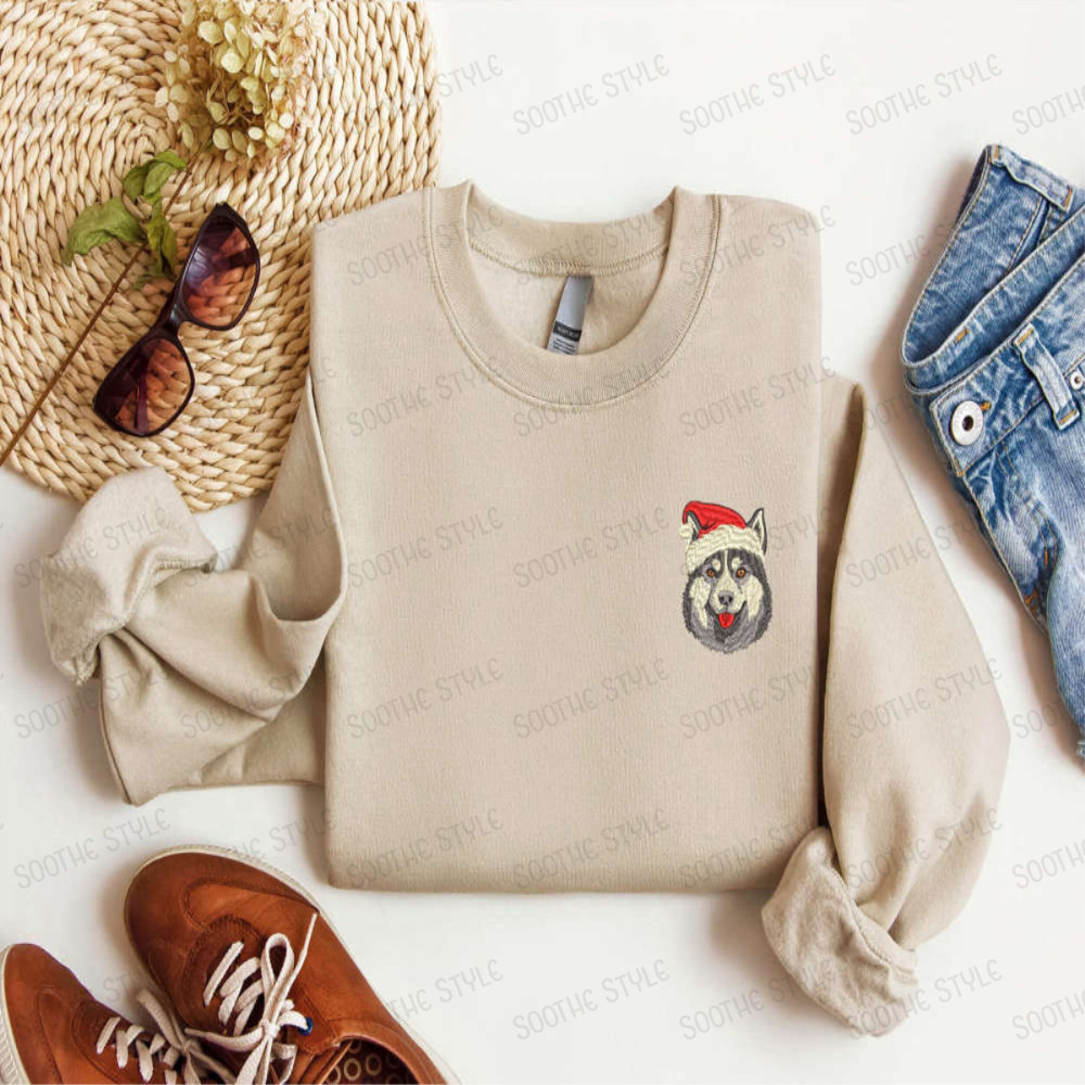 Embroidered Husky Sibir Dog Christmas Sweatshirt, Sweatshirt For Family.jpg
