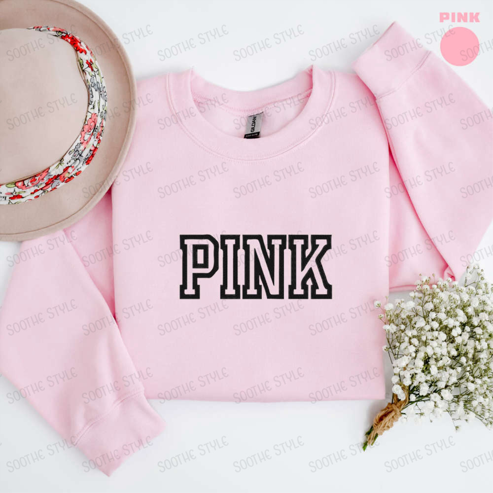 Embroidered Pink Sweatshirt, 2D Crewneck Sweatshirt For Music Lover.jpg
