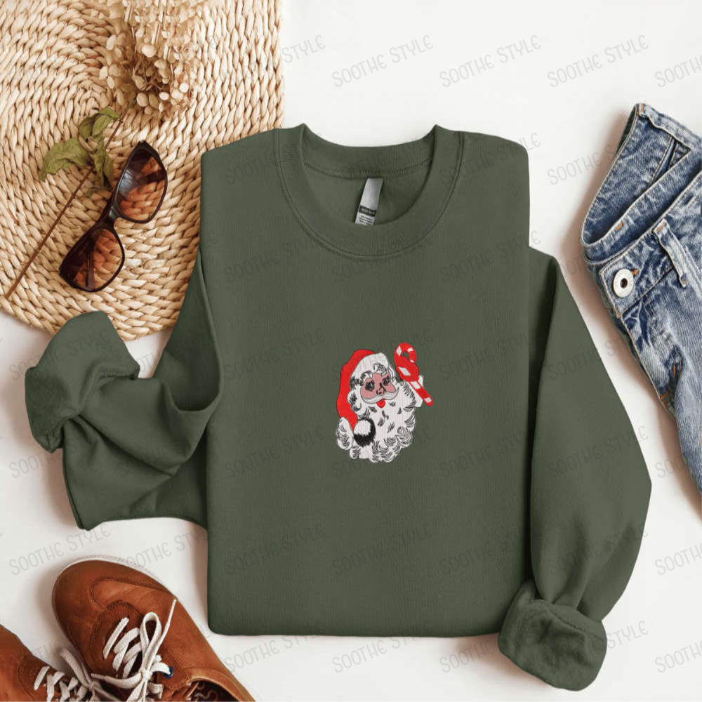 Embroidered Retro Santa Christmas Sweatshirt 2D Crewneck Sweater For Family.jpg