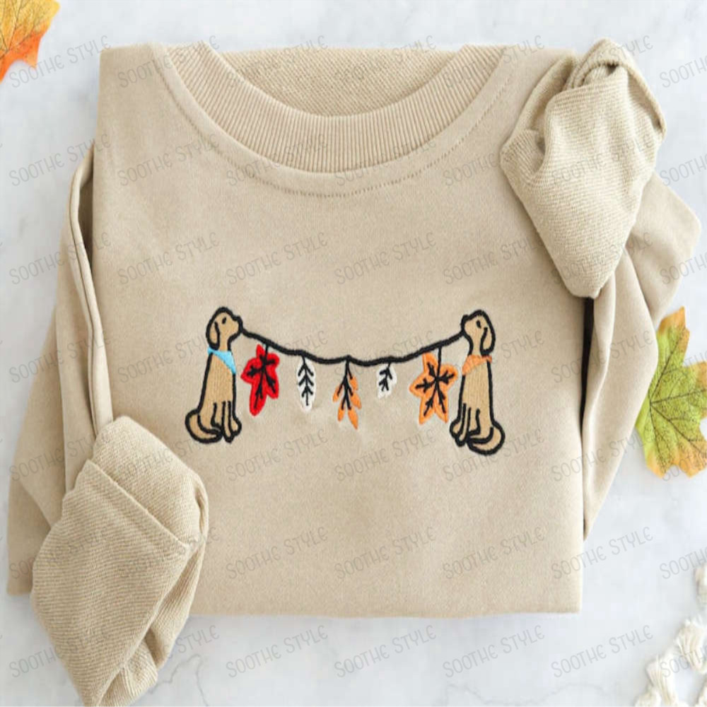 Fall Leaves Dog Embroidered Sweatshirt 2D Crewneck Sweatshirt For Family.jpg