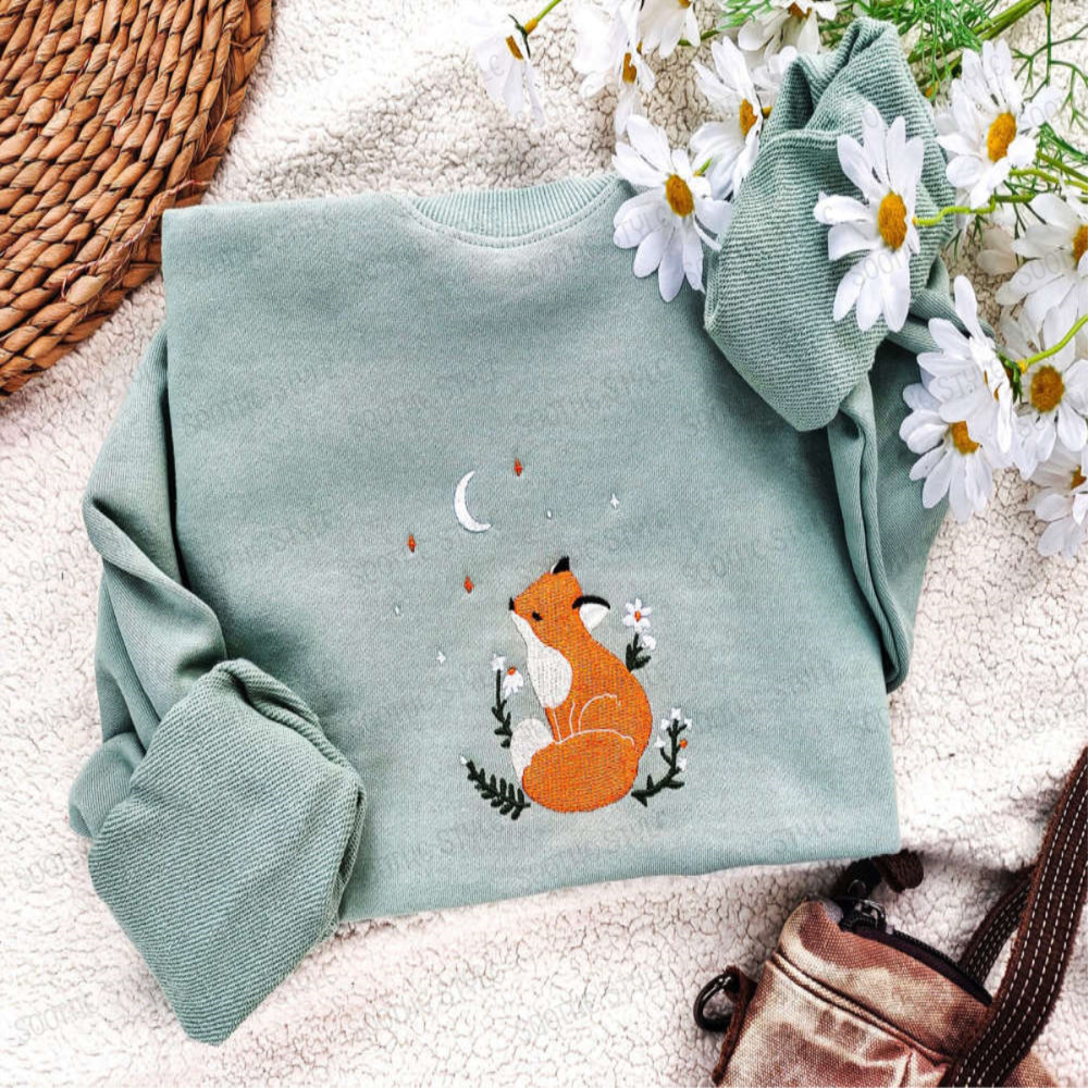 Fox Daisy Embroidered Sweatshirt 2D Crewneck Sweatshirt Gift For Family.jpg
