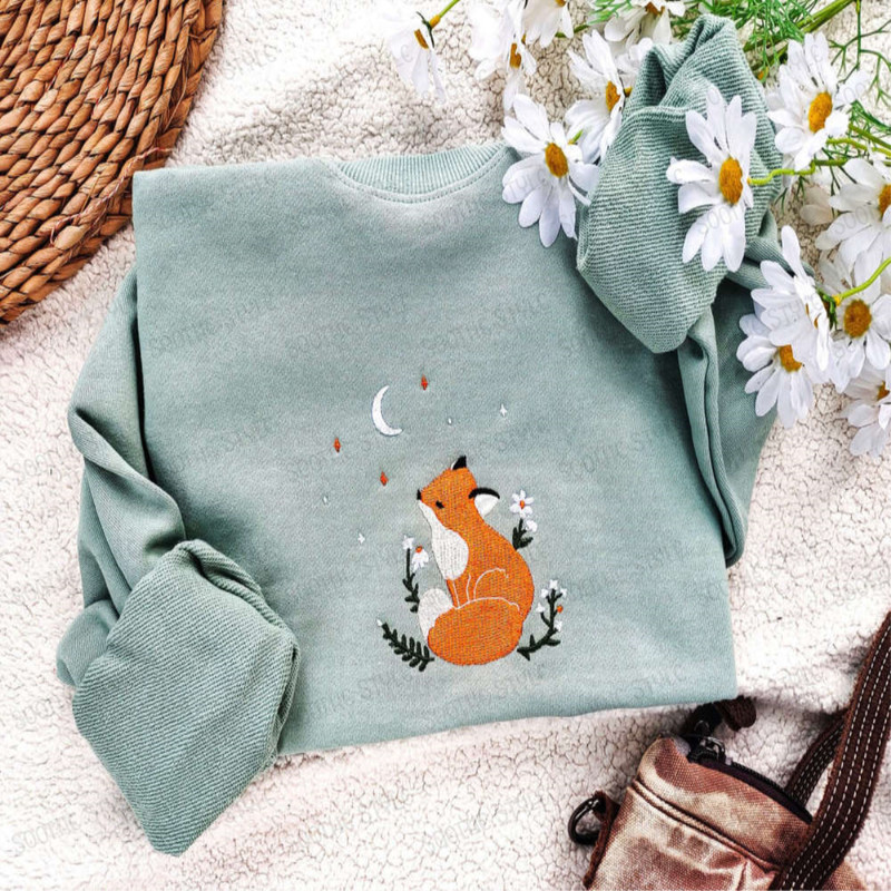 Fox Daisy Embroidered Sweatshirt 2D Crewneck Sweatshirt Gift For Family.jpg