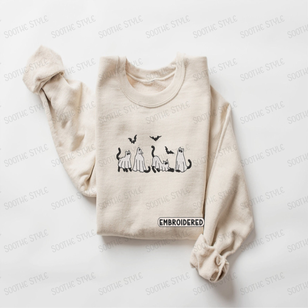 Ghost Cats Embroidered Sweatshirt 2D Crewneck Sweatshirt Gift For Family.jpg