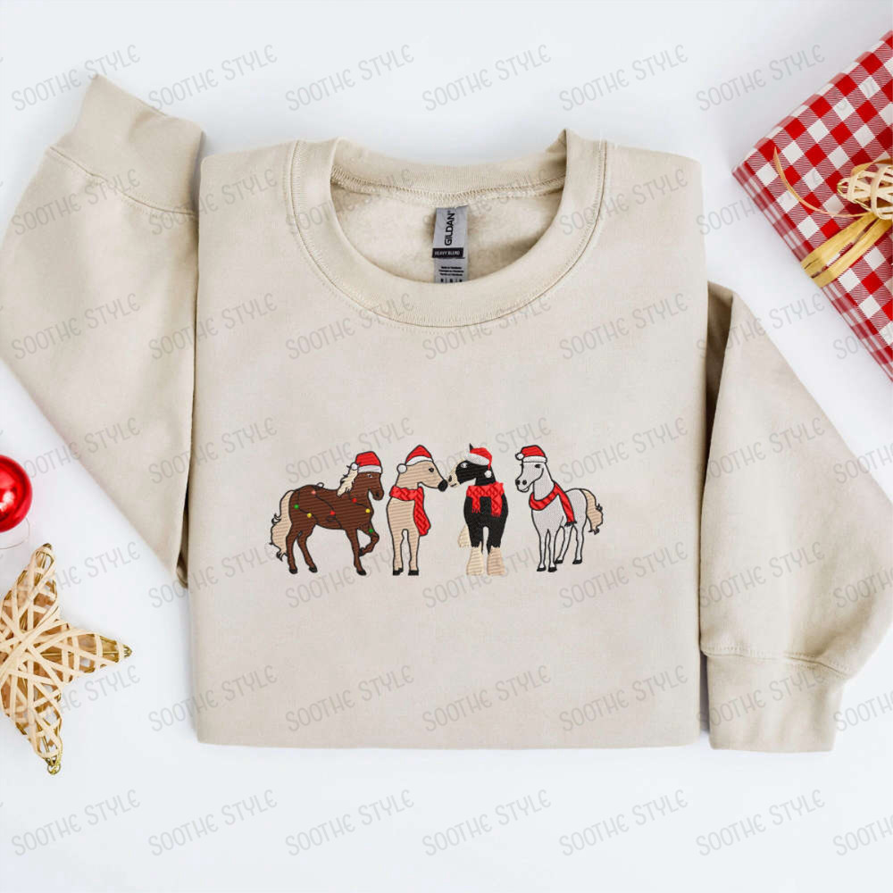 Horses Merry Christmas Embroidery Sweatshirt, Embroidery Crewneck Sweatshirt For Family.jpg