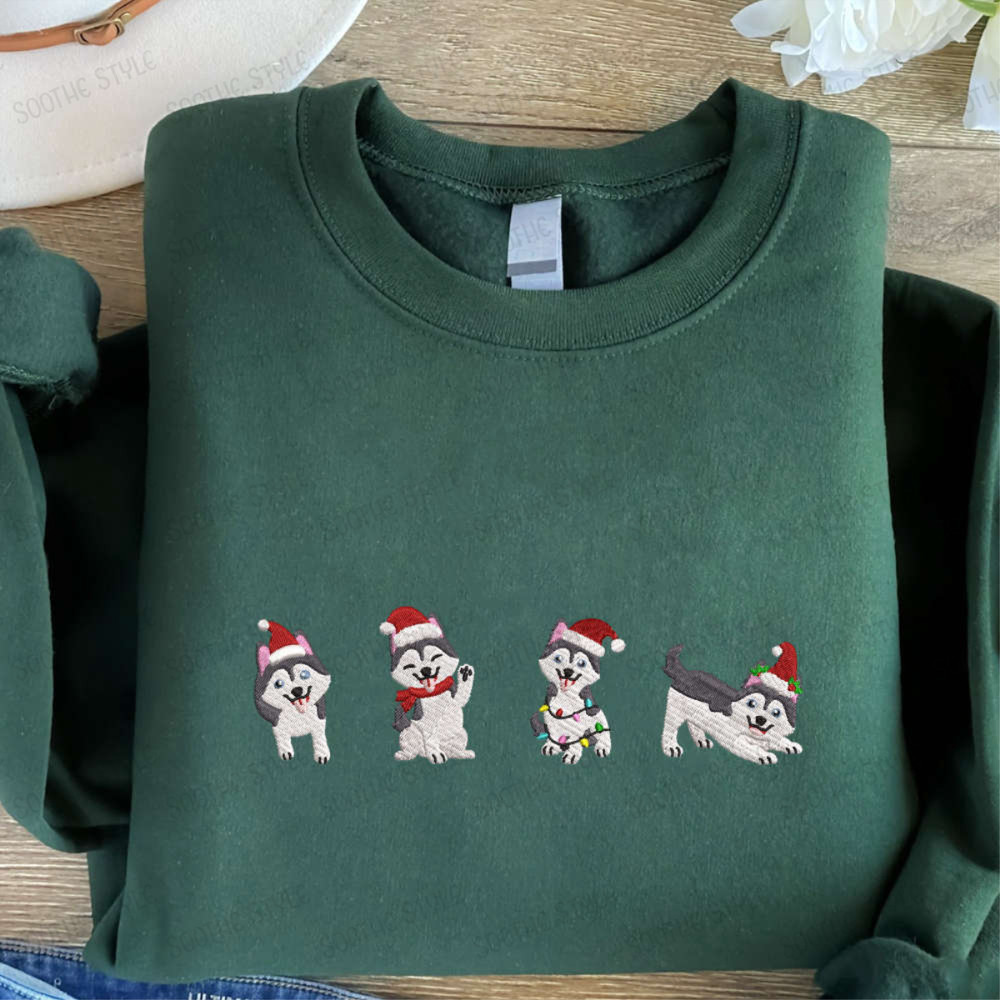 Husky Christmas Embroidered Sweatshirt, Dogs Embroidered Sweatshirt, Dog Lover Gift.jpg