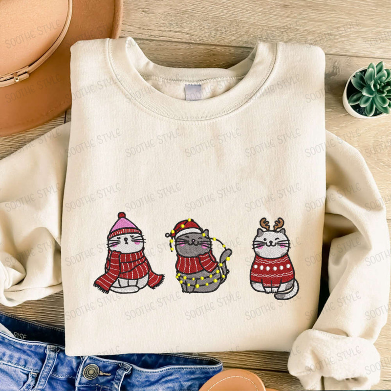 Meowy Christmas Embroidered Sweatshirt, Cute Cats Embroidered Sweatshirt For Christmas.jpg