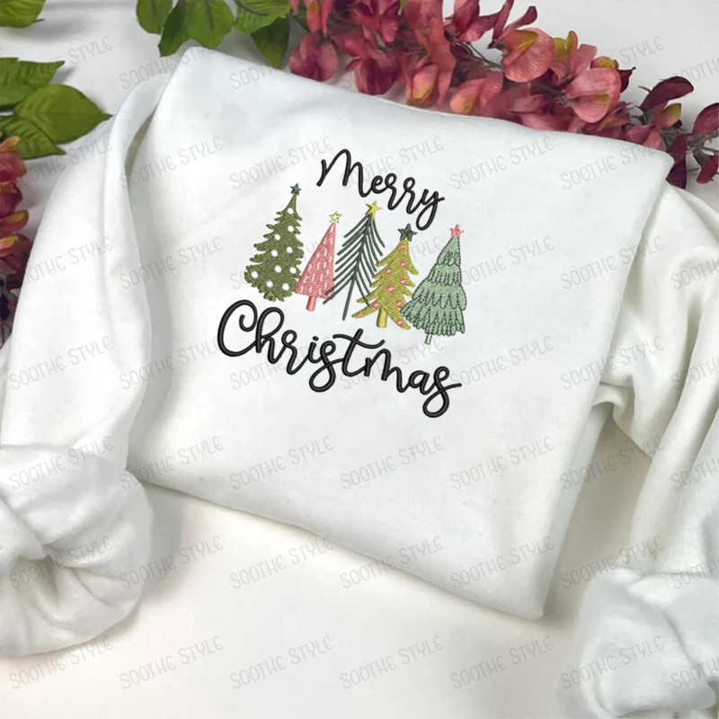 Merry Christmas Trees Machine Embroidery Sweatshirt, Best Gift For Christmas.jpg