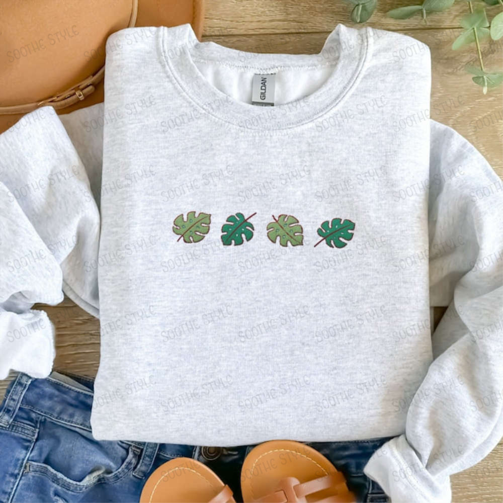 Monstera Leaves Embroidered Sweatshirt 2D Crewneck Sweatshirt Best Gift For Family.jpg