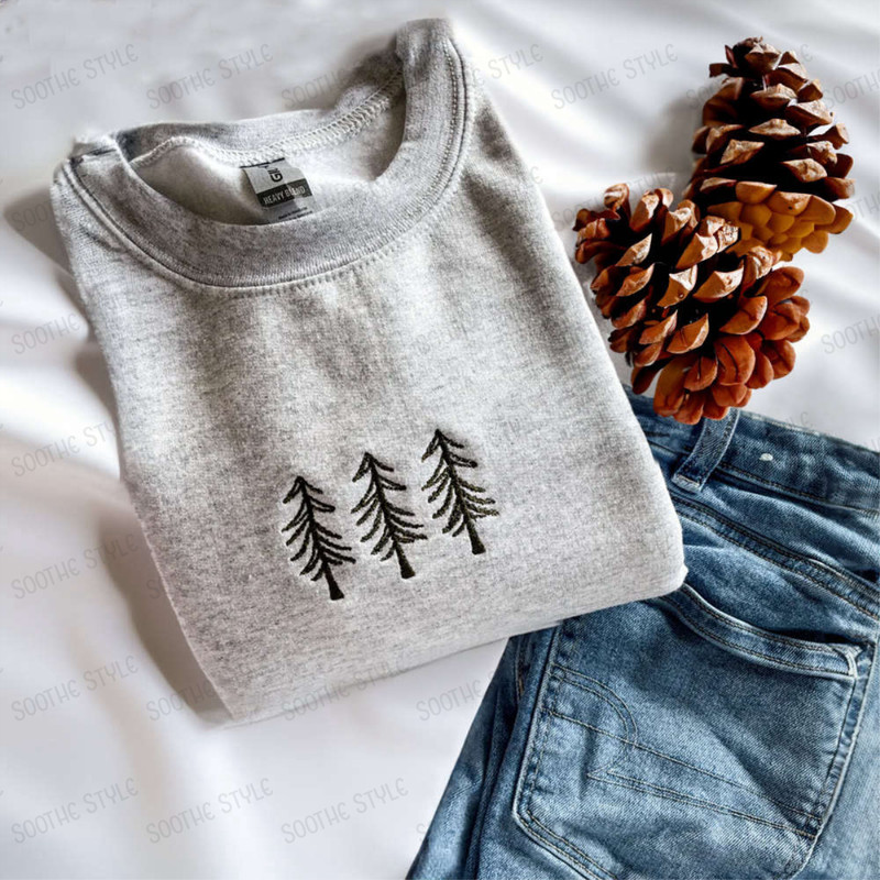 Pine Tree Embroidered Sweatshirt, Christmas Crewneck Sweatshirt For Family.jpg