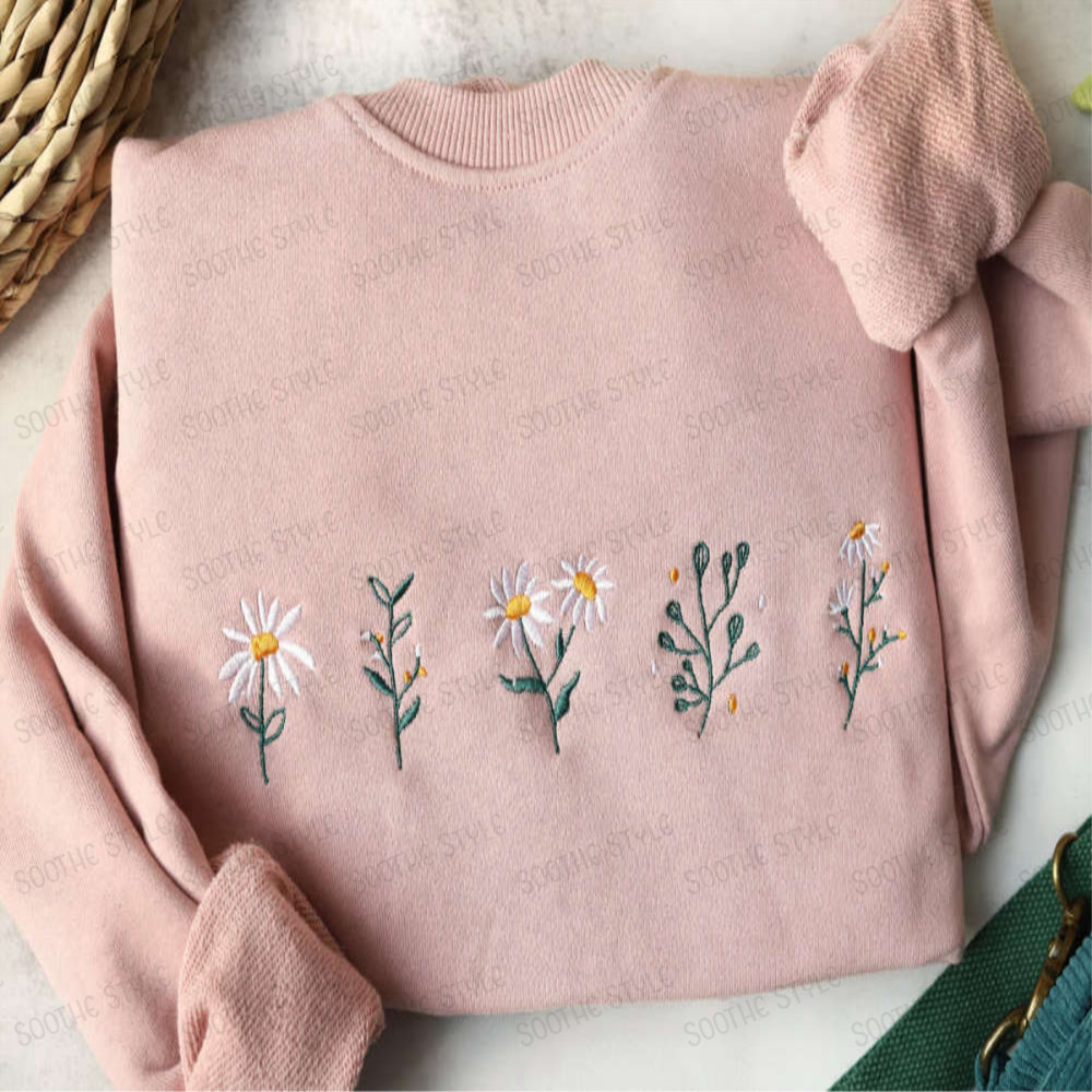 Pink daisy Embroidered Sweatshirt 2D Crewneck Sweatshirt For Family.jpg