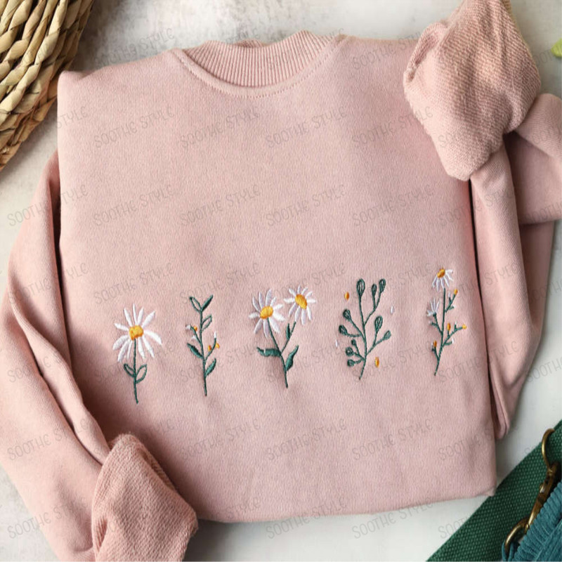 Pink daisy Embroidered Sweatshirt 2D Crewneck Sweatshirt For Family.jpg