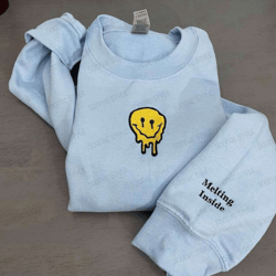 smiley face embroidered sweatshirt melted smiley face crewneck gift for family