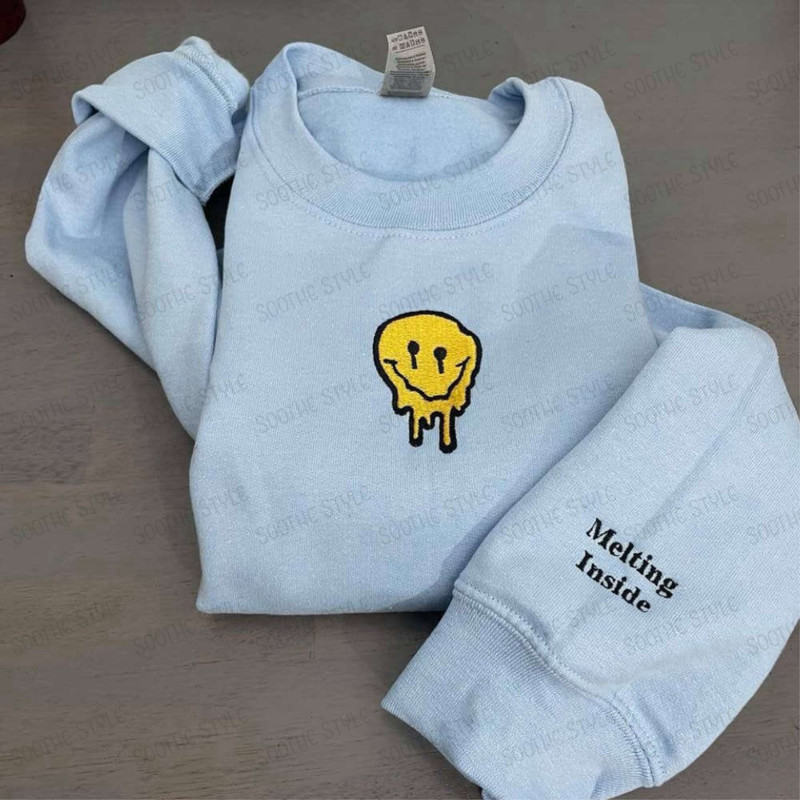 Smiley Face Embroidered Sweatshirt Melted Smiley Face Crewneck Gift For Family.jpg