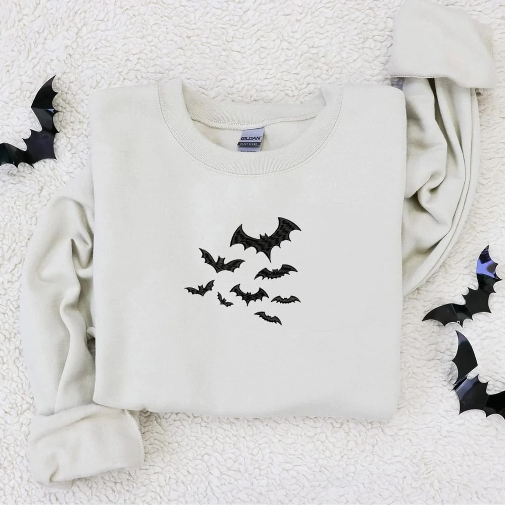 Bats Halloween Crewneck Sweatshirt, Embroidered Bats on Sleeve Hoodie for Men Women.jpg