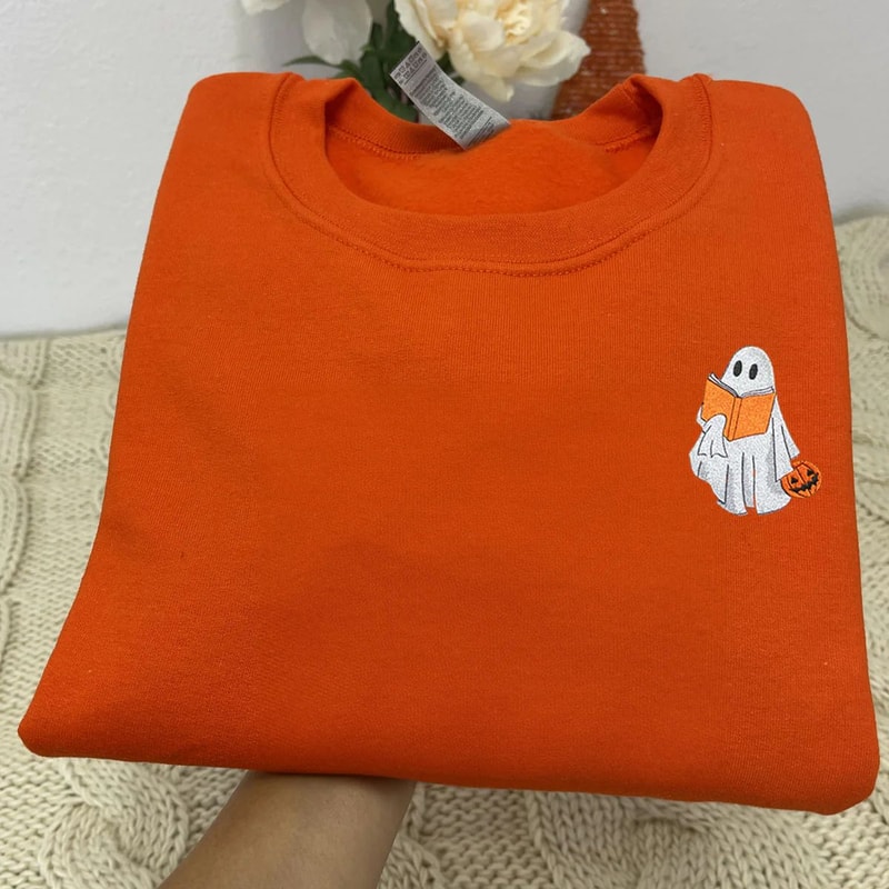 Book Reading Ghost Halloween Sweatshirt Embroidered, Book Lover Crewneck or Hoodie.jpg