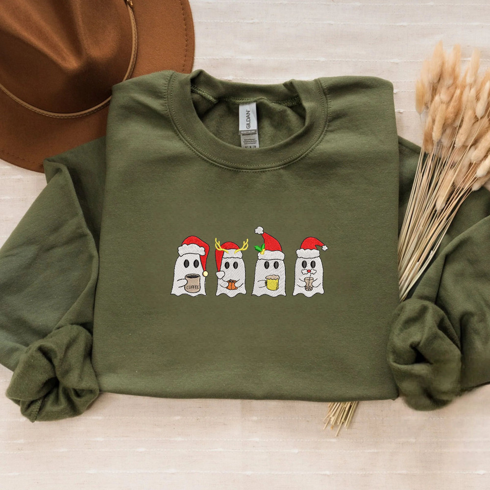 Coffee Ghost Christmas Sweatshirt Embroidered, Little Ghost Santa Raindeer Crewneck or Hoodie.jpg