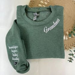 custom embroidered grandma sweatshirt with grandkids names on sleeve, personalized gift