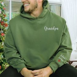 custom embroidered grandpa sweatshirt with grandkids names on sleeve, personalized gift