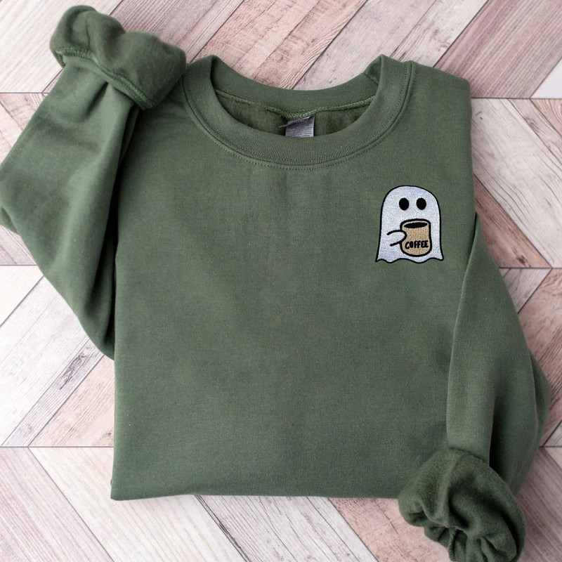 Cute Spooky Coffee Sweatshirt, Spooky Season Embroidered Hoodie.jpg