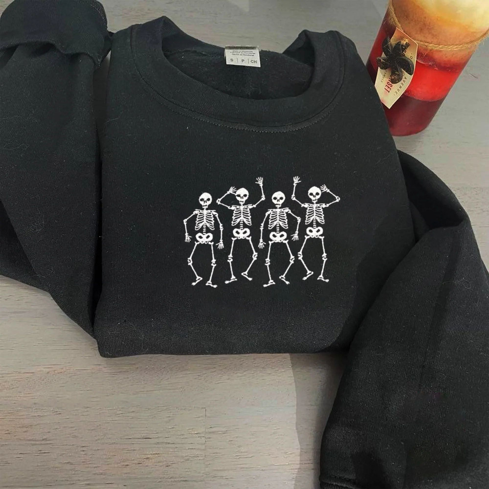 Dancing Skeletons Sweatshirt, Embroidered Halloween Costume, Embroidered Shirt, Trick or Treat, Funny Skeleton Sweatshirt.jpg
