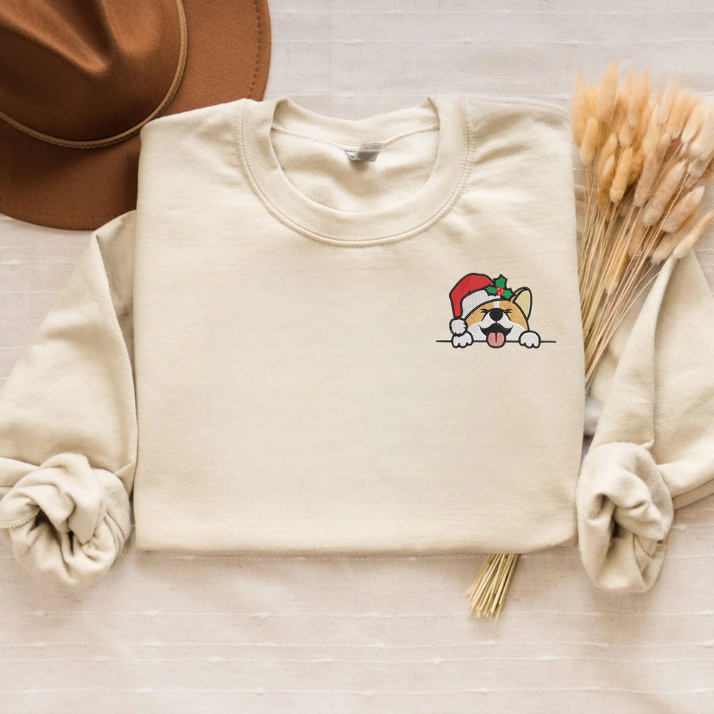 Embroidered Christmas Corgi Dog Sweatshirt, Corgi Santa Crewneck or Hoodie.jpg