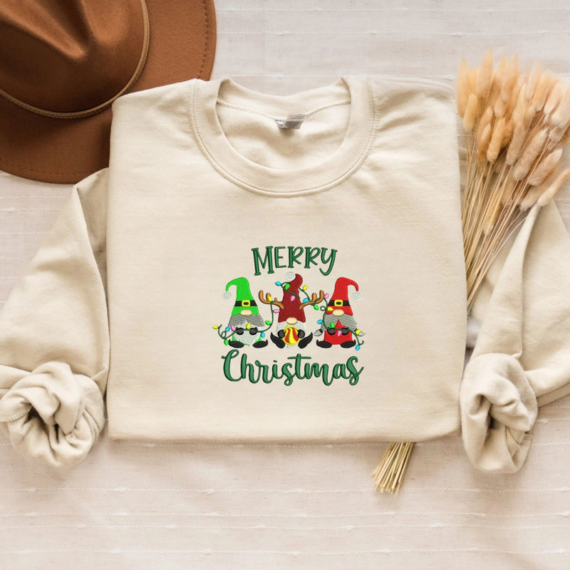 Embroidered Christmas Gnome Sweatshirt, Cute Gnome with Santa Crewneck or Hoodie.jpg