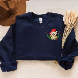 embroidered christmas owl sweatshirt, cute owl santa on pocket crewneck or hoodie
