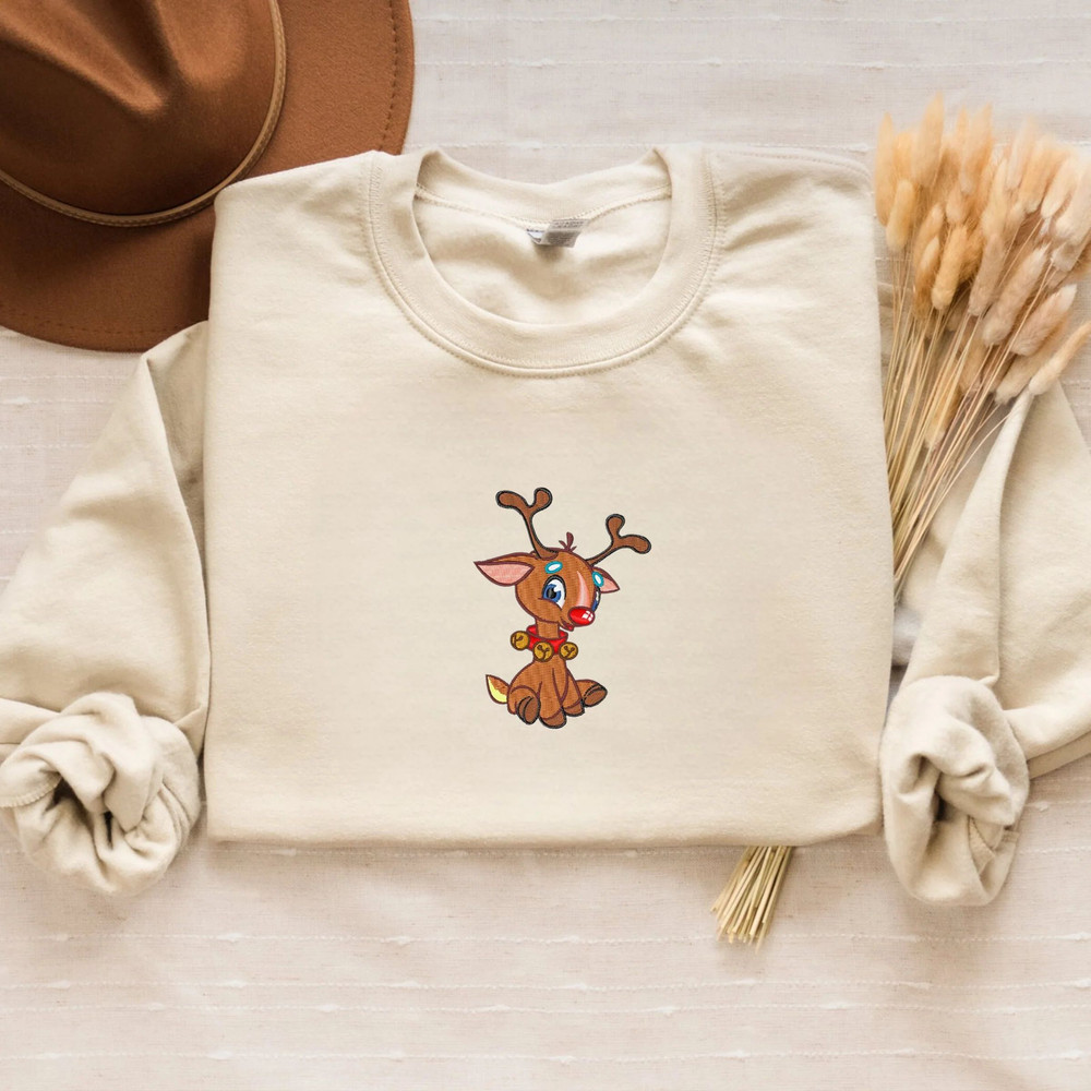 Embroidered Christmas Rudolph Sweatshirt, Cute Rudolph Crewneck or Hoodie.jpg