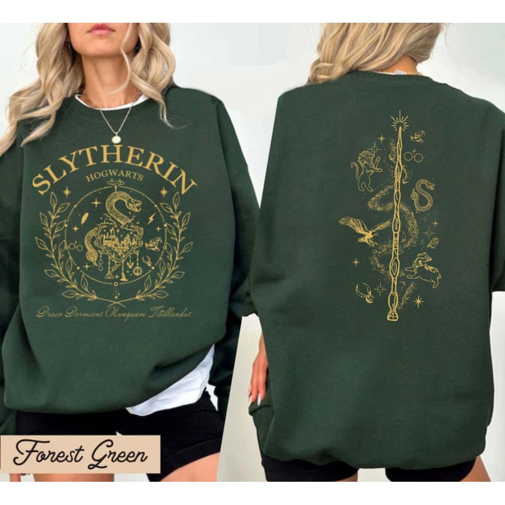 Retro Hogwarts House Double-side Sweatshirts, Slytherin Hogwarts Wizarding House Shirt.jpg