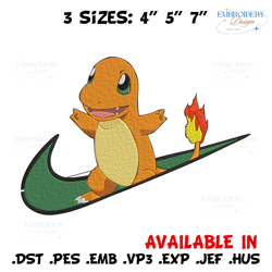charmander nike embroidery design, pokemon embroidery, embroidery file, nike embroidery, anime shirt, digital download