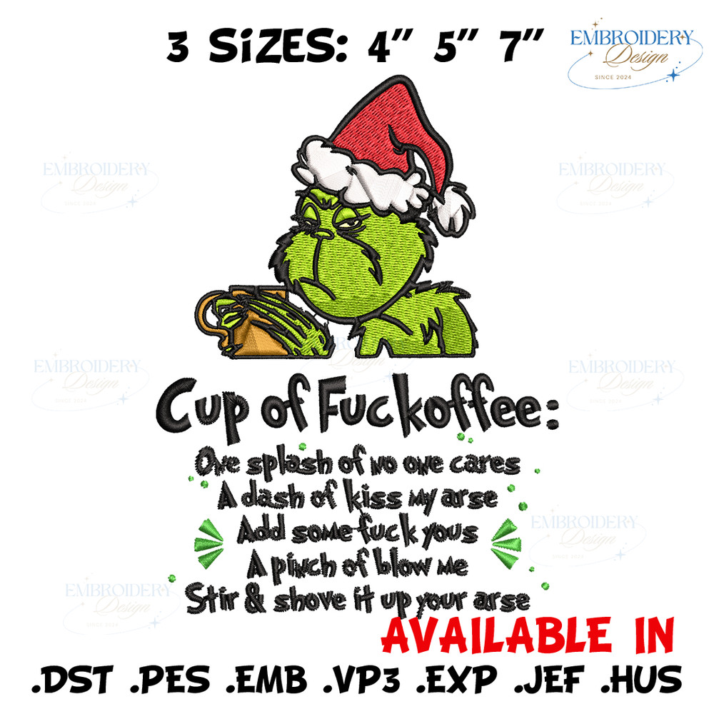 Cup of fuckoffee grinch Embroidery design, Grinch christmas Embroidery, Embroidery File, Grinch design, Instant download.jpg