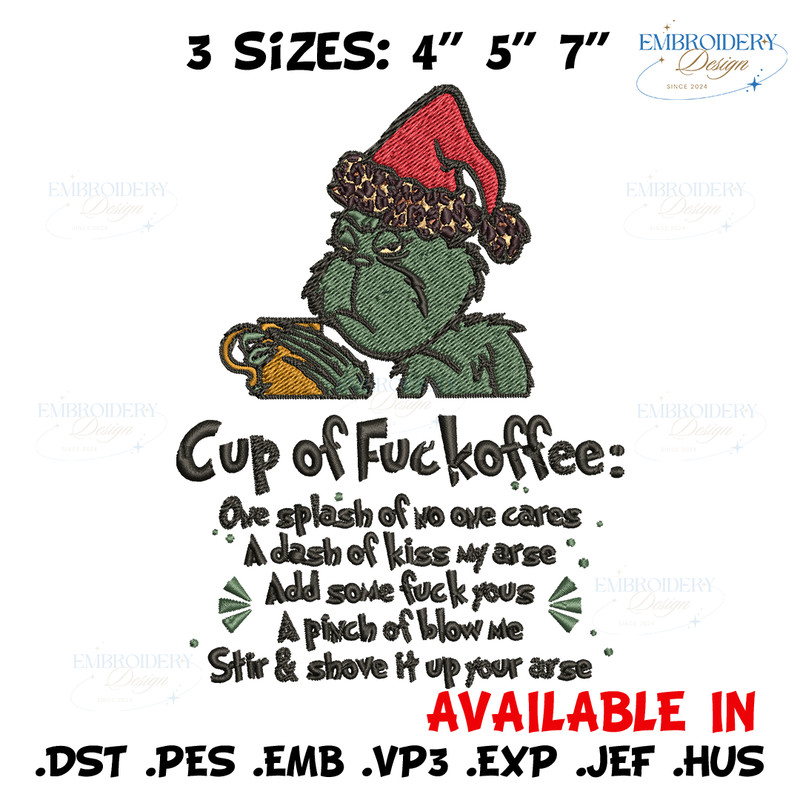 Cup of fuckoffee grinch Embroidery design, Grinch christmas Embroidery, Grinch design, Embroidery File, Instant download.jpg