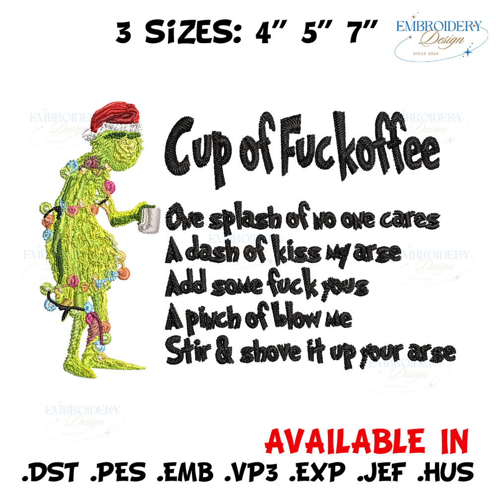 Cup of fuckoffee grinch Embroidery design, Grinch Embroidery, Grinch design, Embroidery File, Instant download..jpg