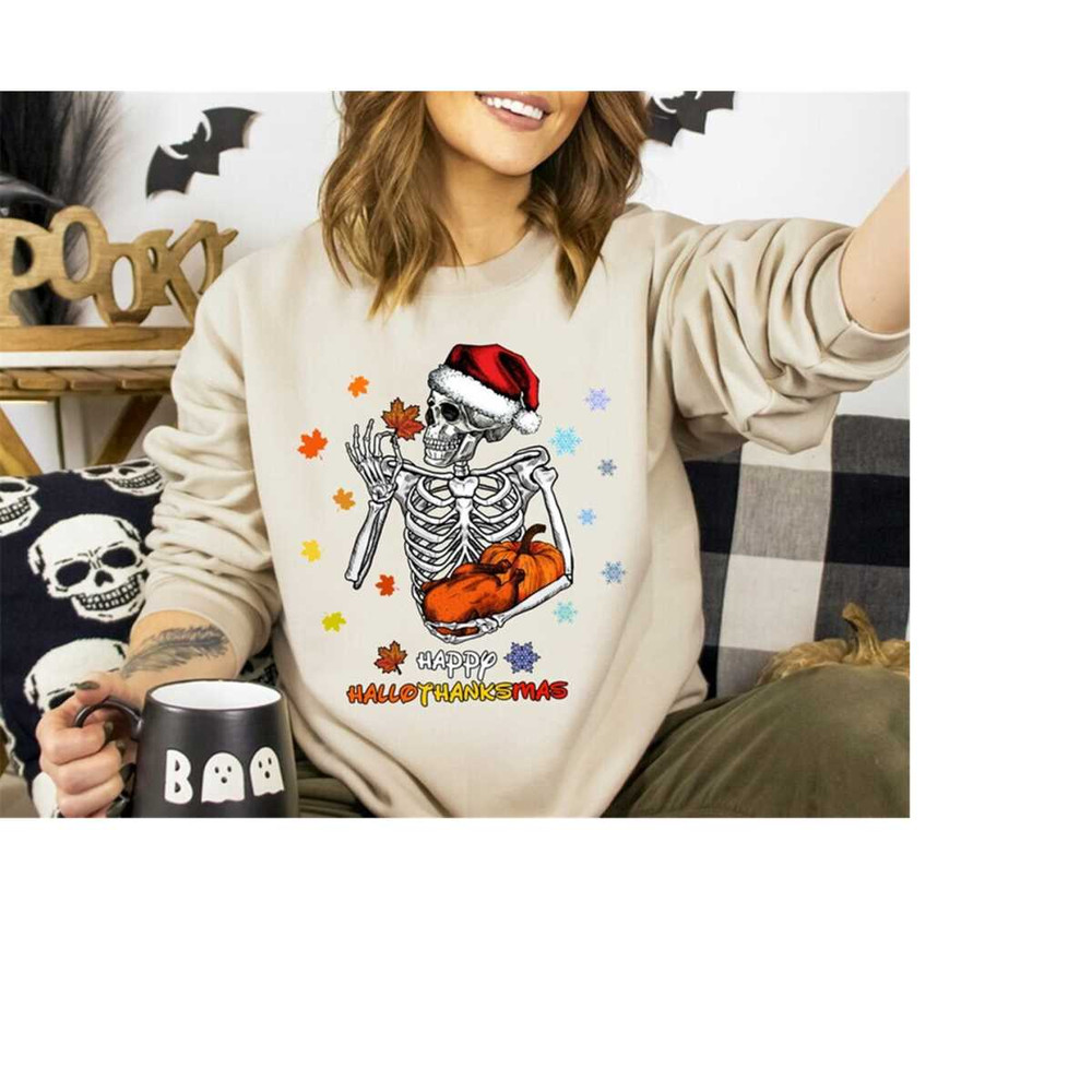 Hallothanksmas Sweatshirt, Halloween Skeleton Hoodie, Merry Christmas Sweater, Pumpkin Season Sweatshirt, Fall Season Sh.jpg