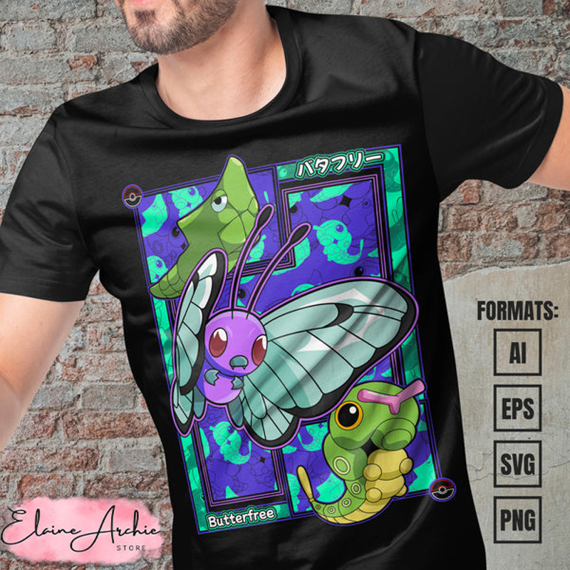 Premium Butterfree Pokemon Anime Vector T-shirt Design Template.jpg