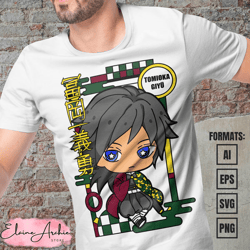 premium giyu tomioka chibi demon slayer anime vector t-shirt design template