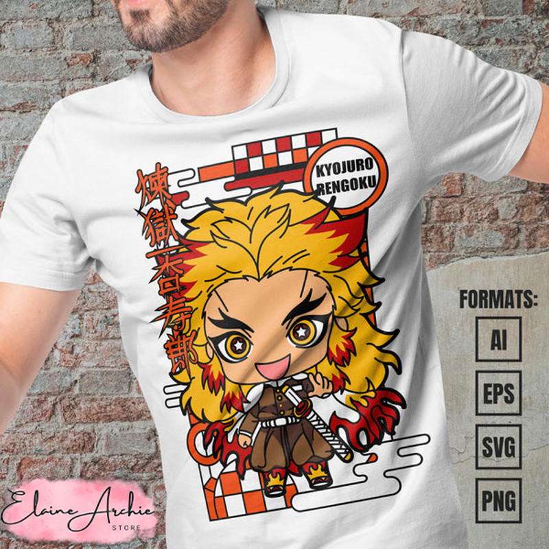 Premium Kyojuro Rengoku Chibi Demon Slayer Anime Vector T-shirt Design Template.jpg