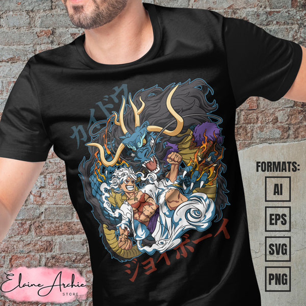 Premium Luffy Gear 5 x Kaido One Piece Anime Vector T-shirt Design Template.jpg