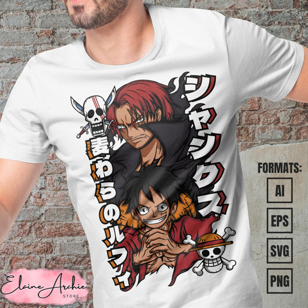 Premium Luffy x Shanks One Piece Anime Vector T-shirt Design Template #2.jpg