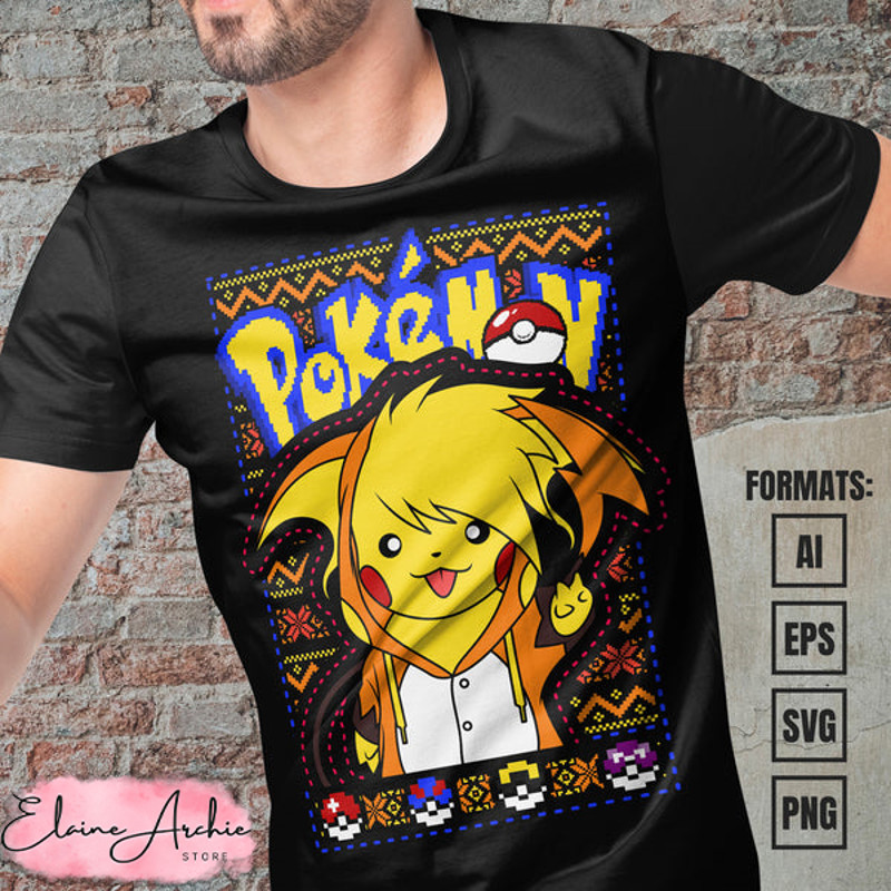 Premium Pikachu Christmas Pokemon Anime Vector T-shirt Design Template.jpg