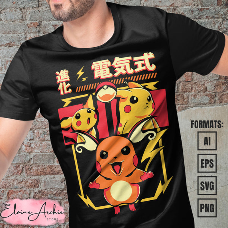 Premium Pikachu Evolution Pokemon Anime Vector T-shirt Design Template.jpg