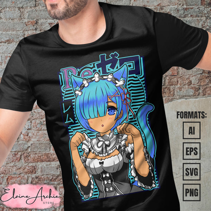 Premium Rem Re Zero Anime Vector T-shirt Design Template.jpg