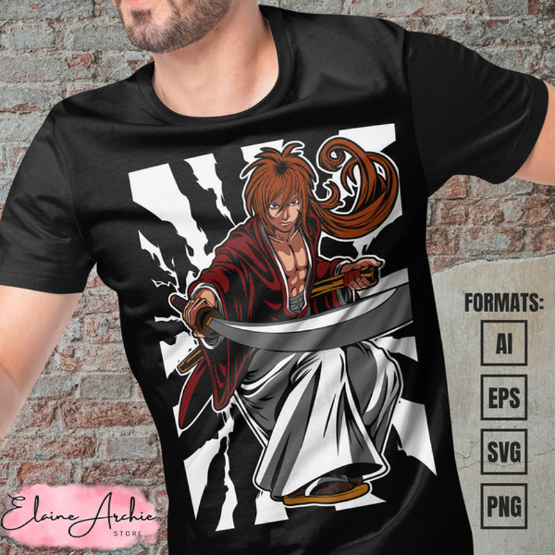 Premium Rurouni Kenshin Samurai X Anime Vector T-shirt Design Template #2.jpg