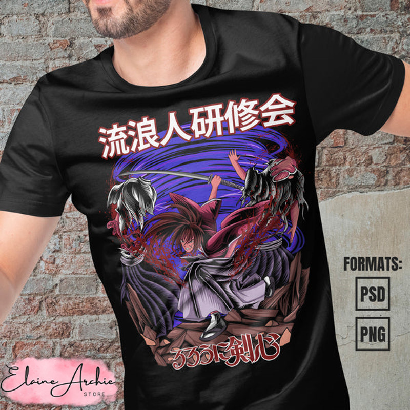 Premium Rurouni Kenshin Samurai X Anime Vector T-shirt Design Template.jpg