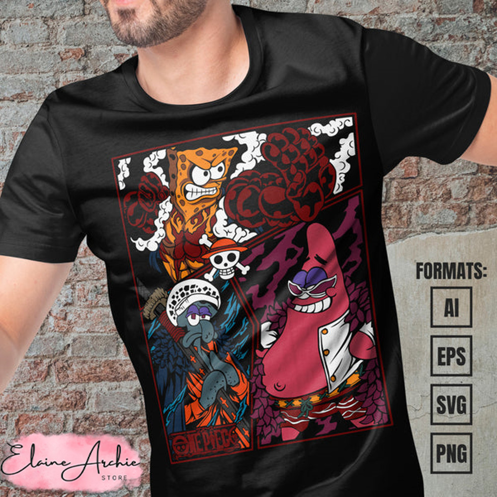Premium Spongebob x One Piece Anime Vector T-shirt Design Template.jpg