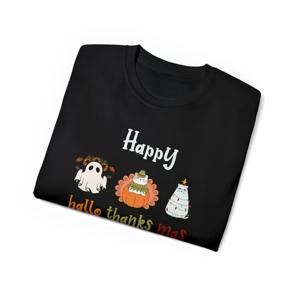 Happy Hallothanksmas Cats Halloween Thanksgiving Christmas Unisex Shirt.jpg